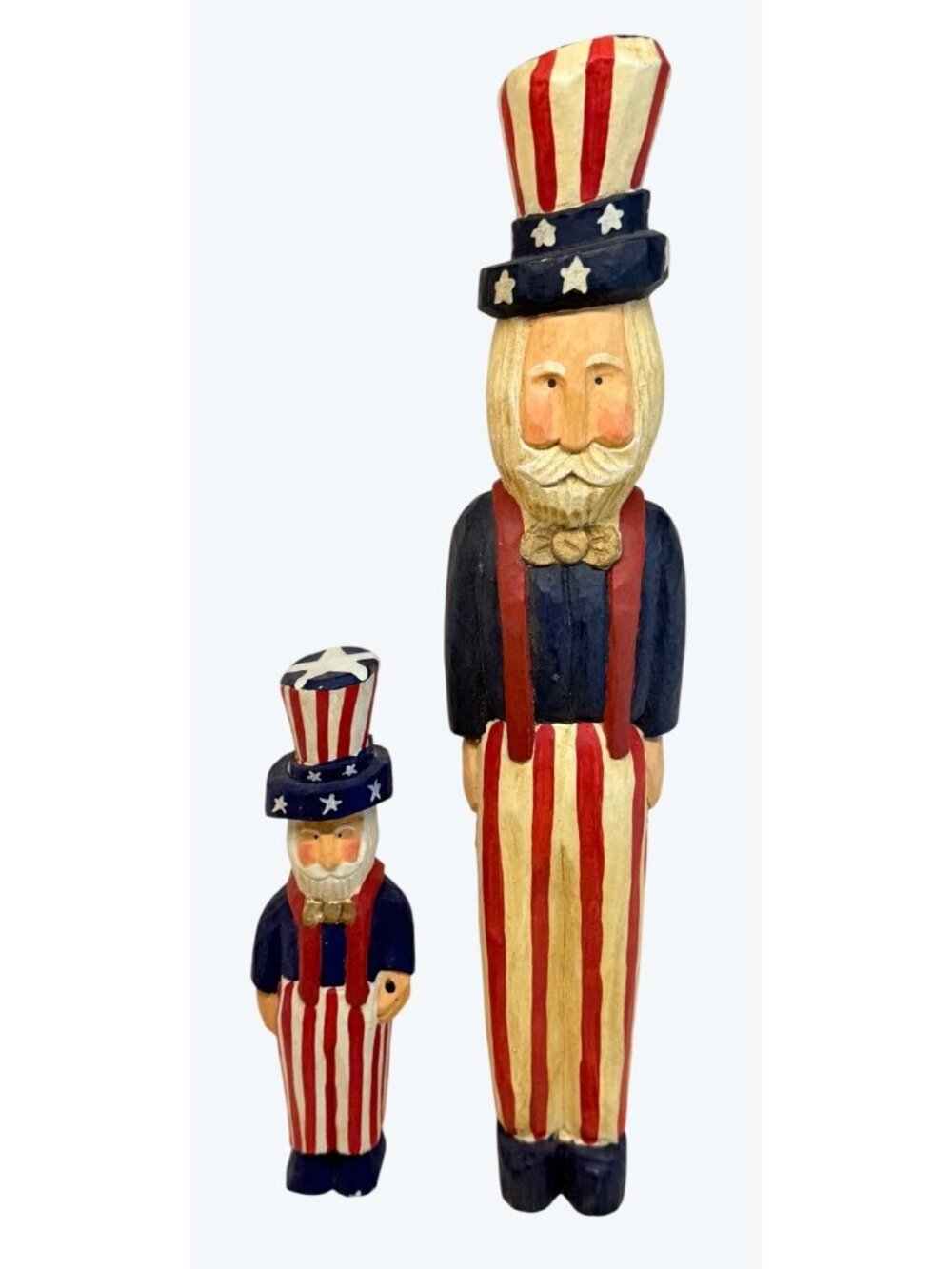 2 James Haddon Folk Art Uncle Sam Wooden Wood Figurines Flag 4th of July